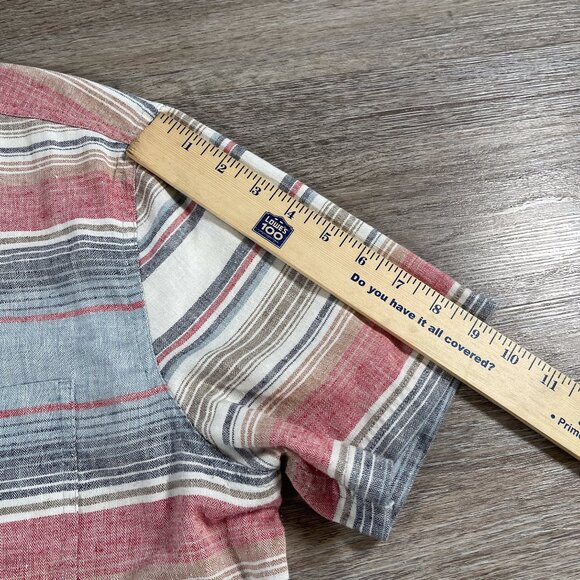 Gramicci Men's Shirt Short Sleeve Stripes Hemp Blend Size L Blue/Beige/Red - Picture 7 of 8